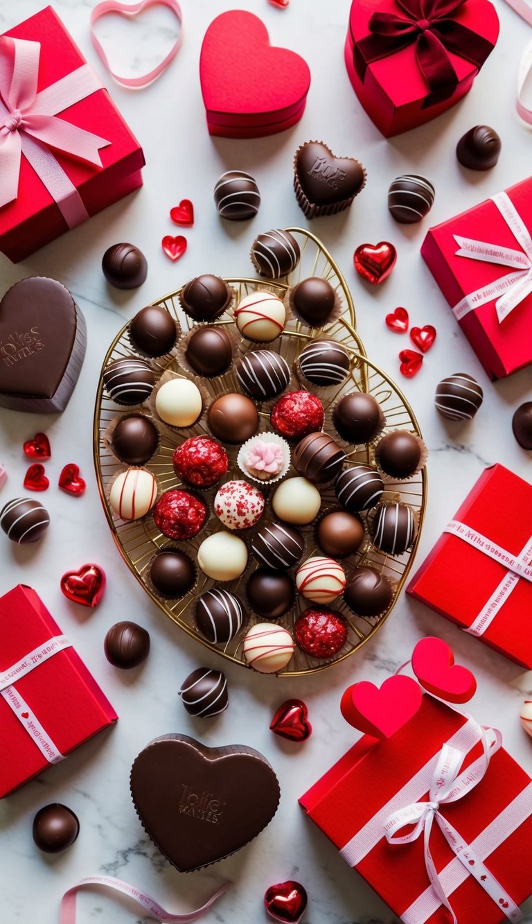 A table spread with assorted chocolate truffles, surrounded by decorative ribbons, heart-shaped boxes, and other DIY Valentine's Day gift items