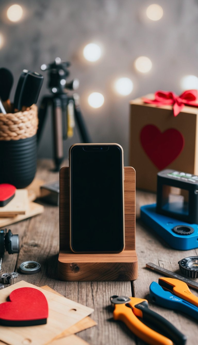 A rustic wooden phone dock surrounded by tools and materials for DIY valentine gifts for him