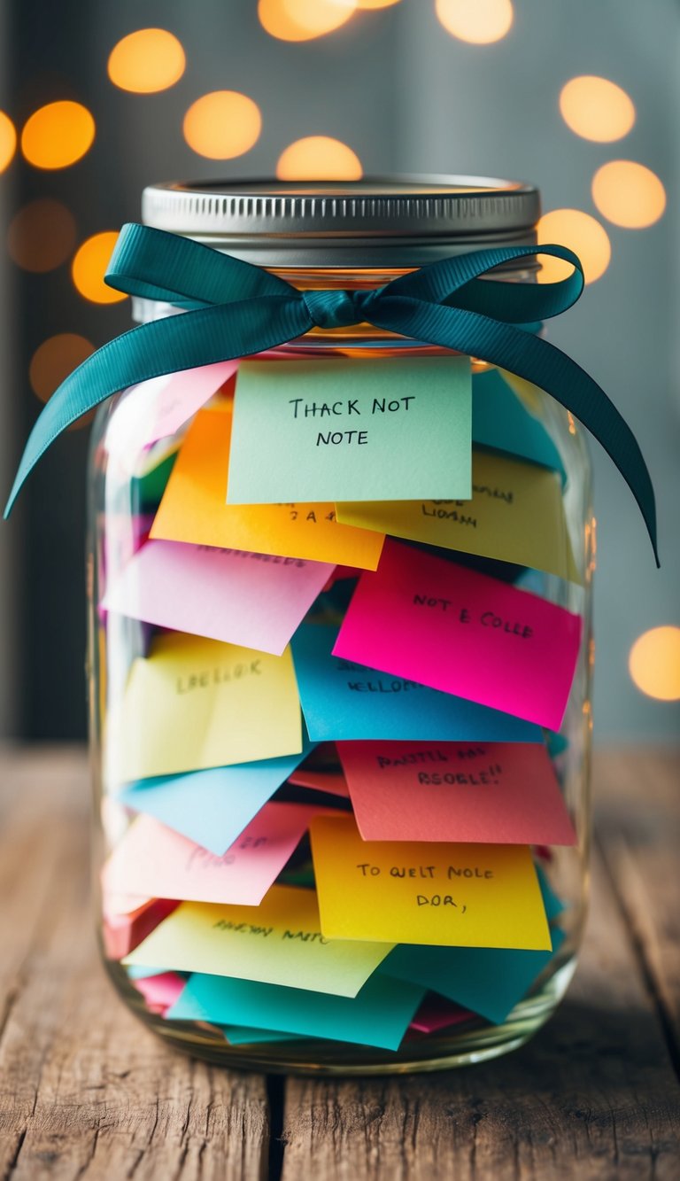 A glass jar filled with colorful notes, tied with a ribbon