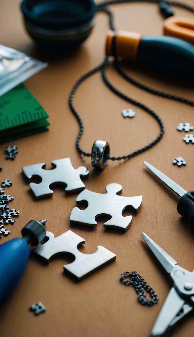 A handcrafted puzzle piece necklace surrounded by crafting materials and tools