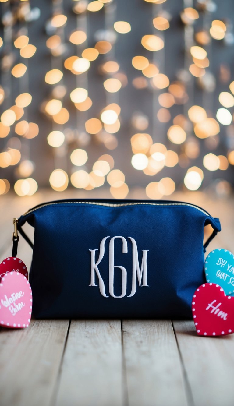 A toiletry bag with monogrammed initials surrounded by DIY Valentine gifts for him