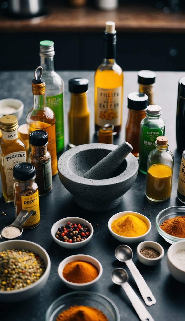 A table with various bottles, spices, and peppers laid out, surrounded by small bowls and measuring spoons. A mortar and pestle sits in the center, ready for use