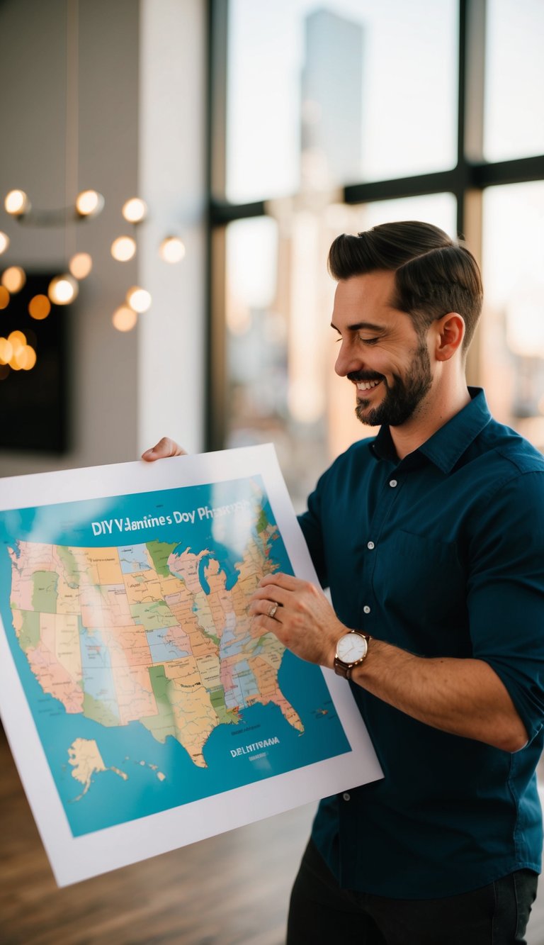 A man receiving a custom map print as a DIY Valentine's Day gift