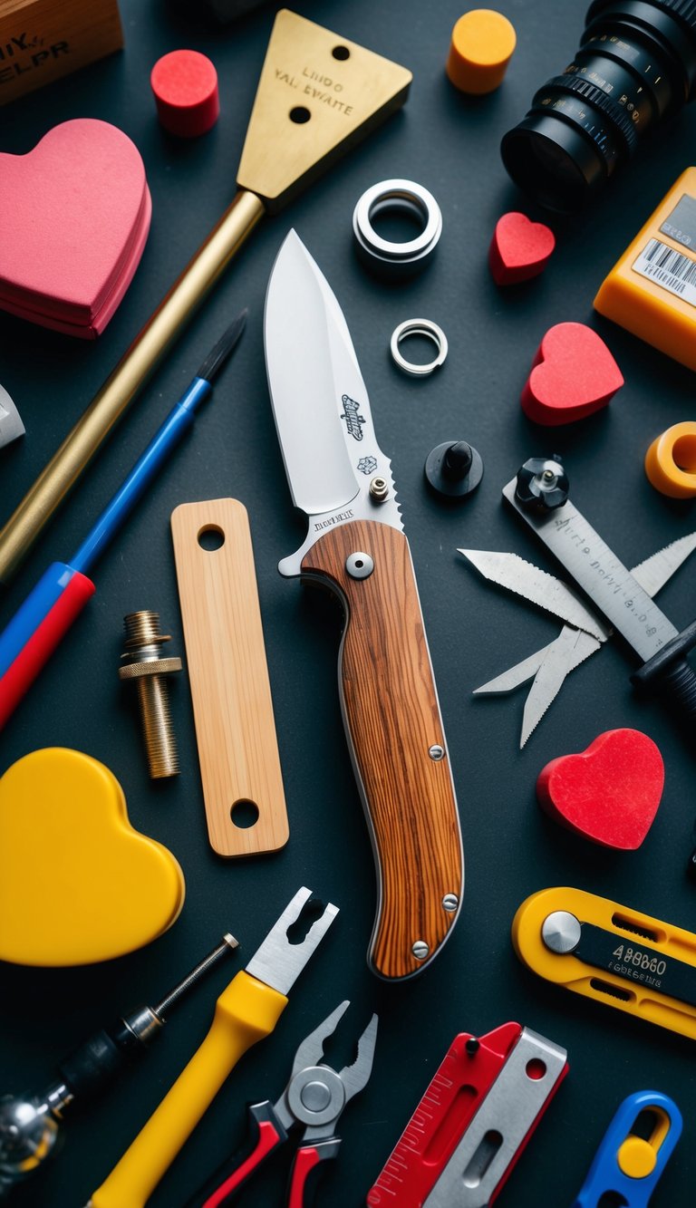 A handcrafted pocket knife surrounded by tools and materials for DIY Valentine's gifts for him