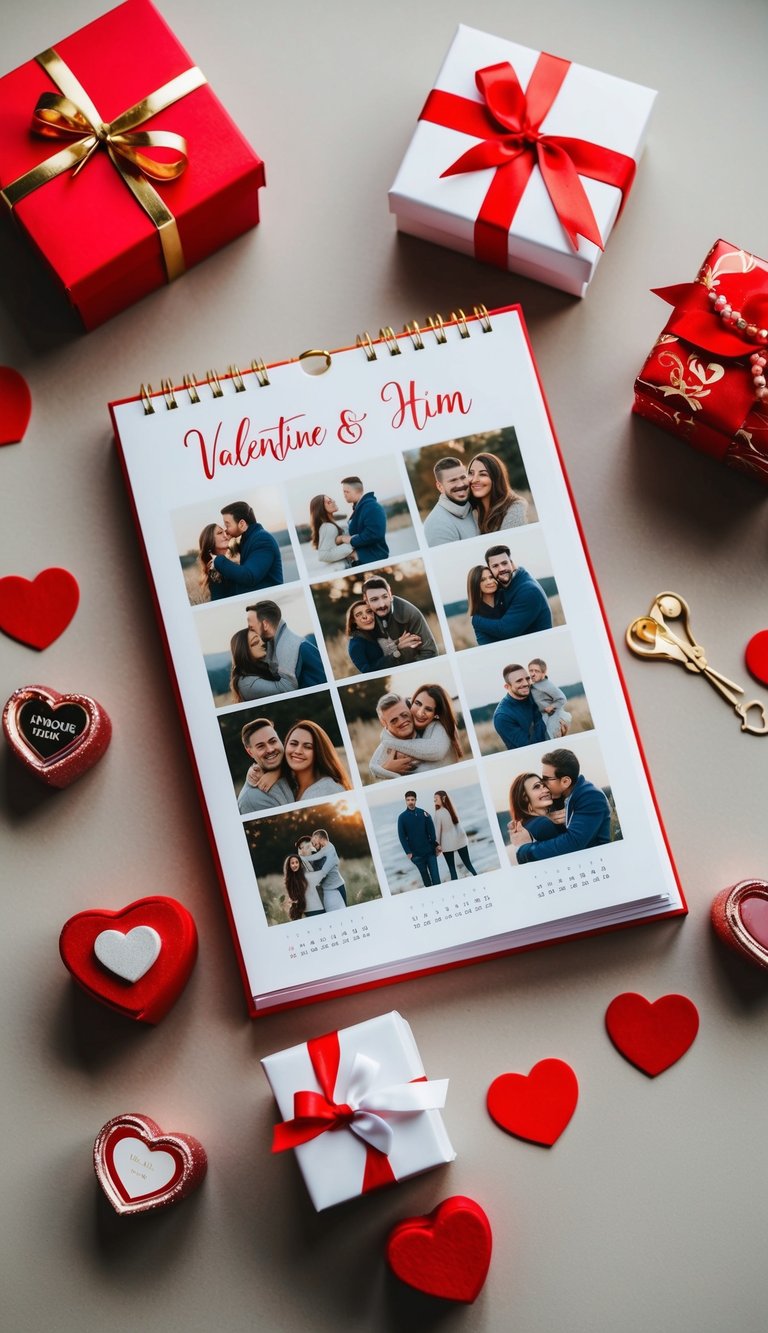 A personalized calendar with photos of memorable moments, surrounded by romantic DIY Valentine gifts for him