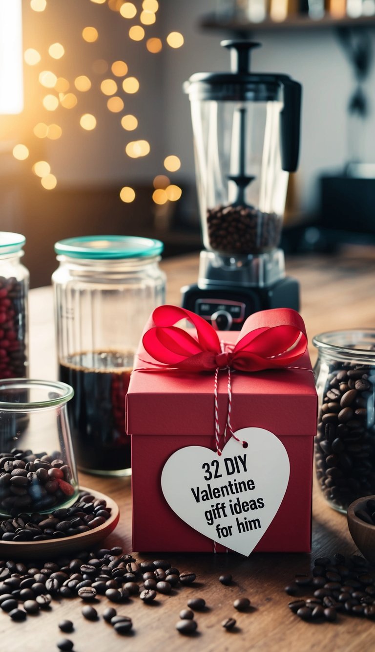 A table with various coffee beans, jars, and blending tools. A heart-shaped gift box with "32 DIY valentine gift ideas for him" written on a tag