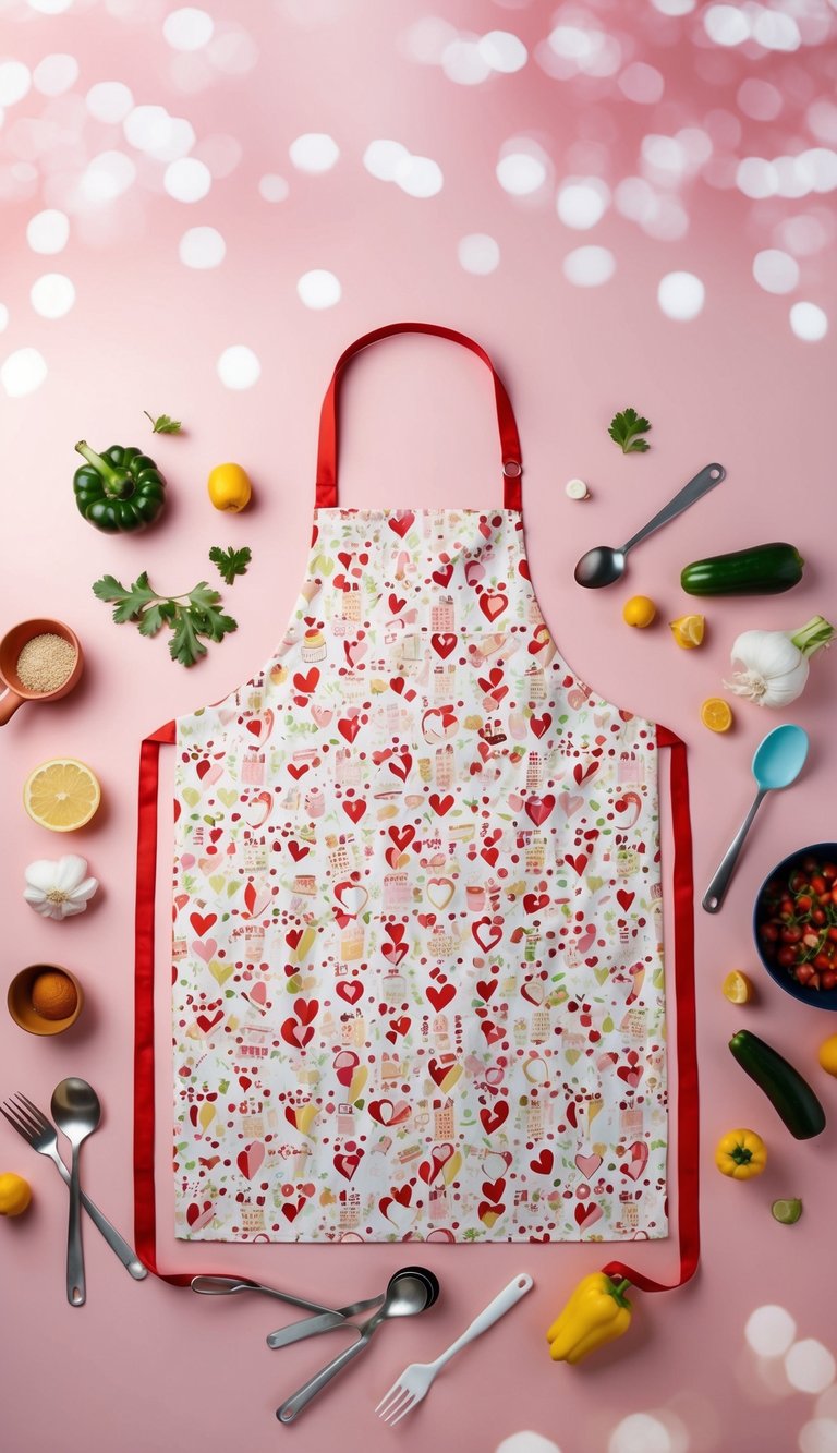 A customized apron with heart patterns and cooking utensils scattered around