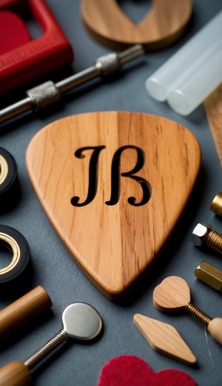 A handcrafted guitar pick with initials carved in wood, surrounded by tools and materials for DIY Valentine's Day gifts for him