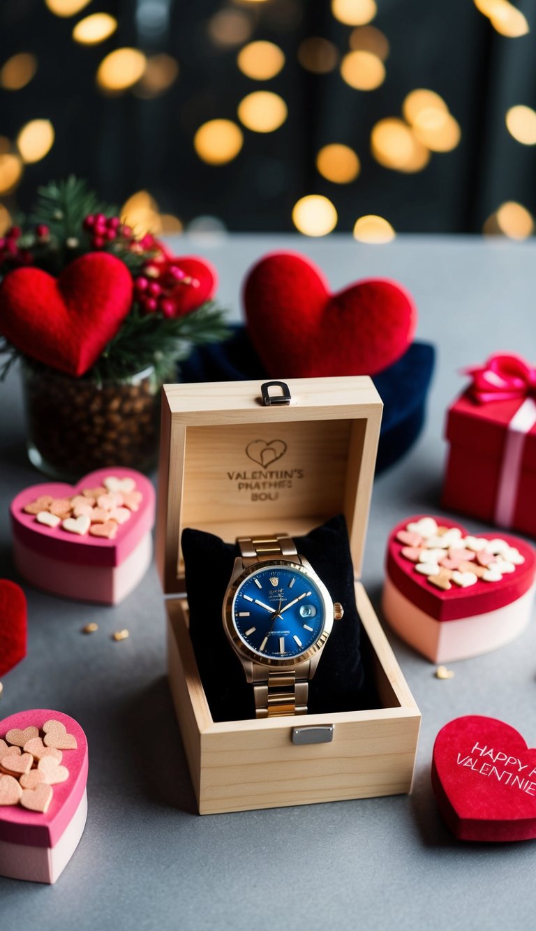 A handcrafted engraved watch box surrounded by DIY Valentine's Day gifts for him