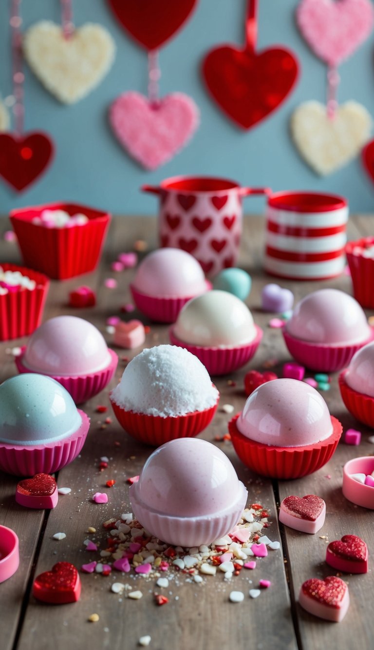 A table scattered with ingredients and molds for DIY bath bombs, surrounded by Valentine's Day themed decorations