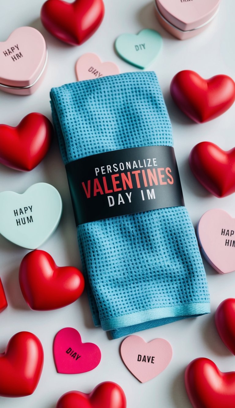 A personalized fitness towel surrounded by DIY Valentine's Day gifts for him