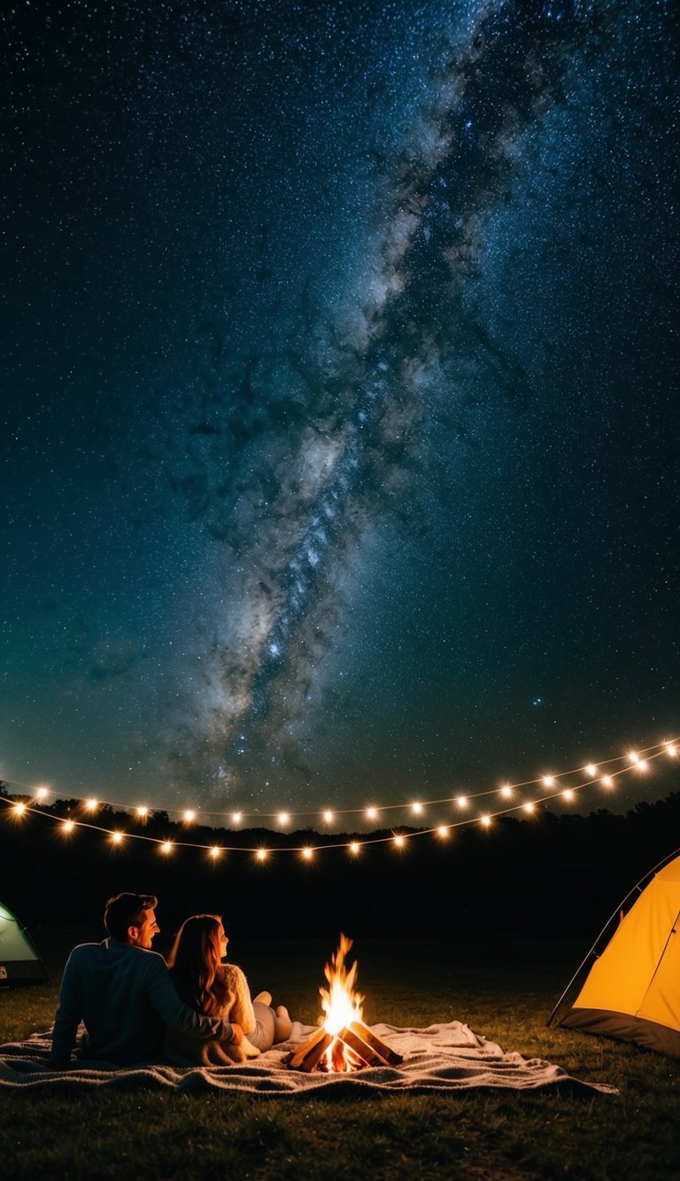 A couple laying on a blanket under a starry night sky, surrounded by twinkling lights and a cozy campfire