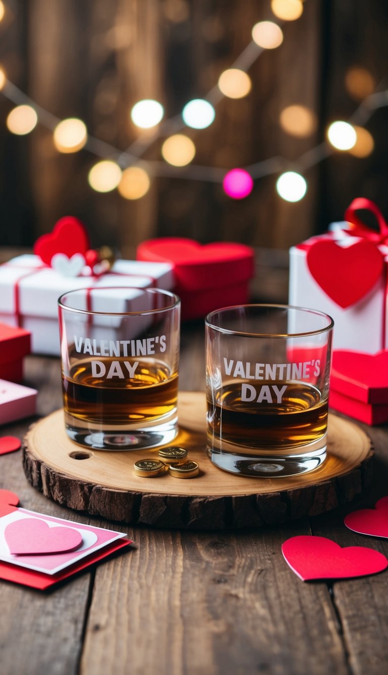 A wooden table with a set of two engraved whiskey glasses, surrounded by DIY Valentine's Day gift materials