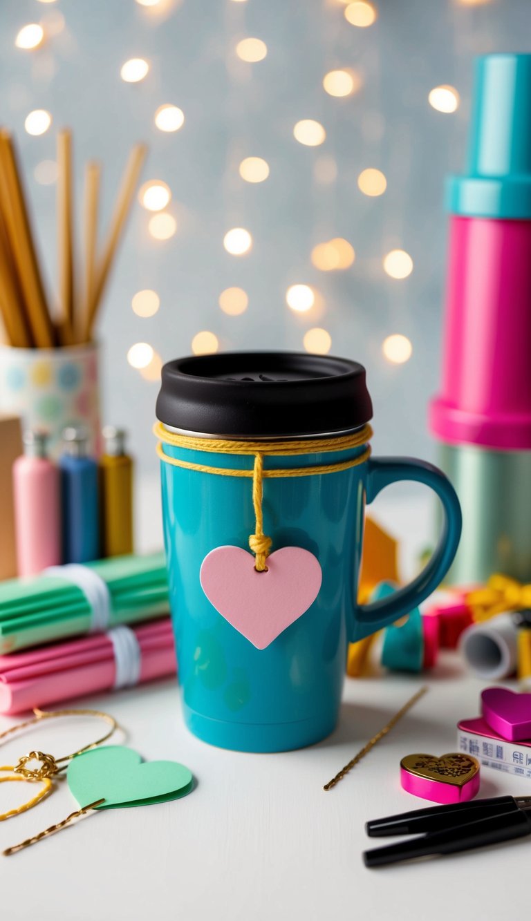 A handcrafted travel mug surrounded by craft supplies and a heart-shaped gift tag