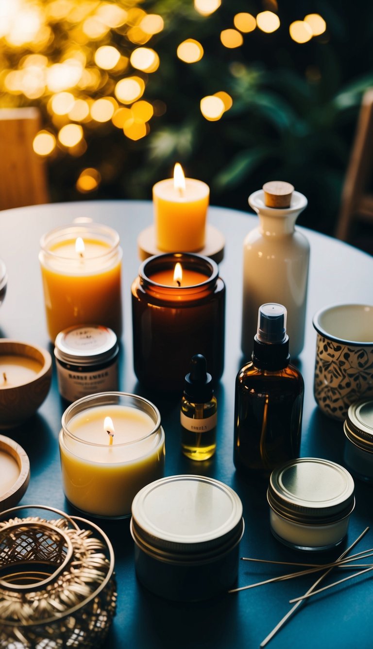 A table with various supplies for making scented candles, including wax, fragrance oils, wicks, and decorative jars