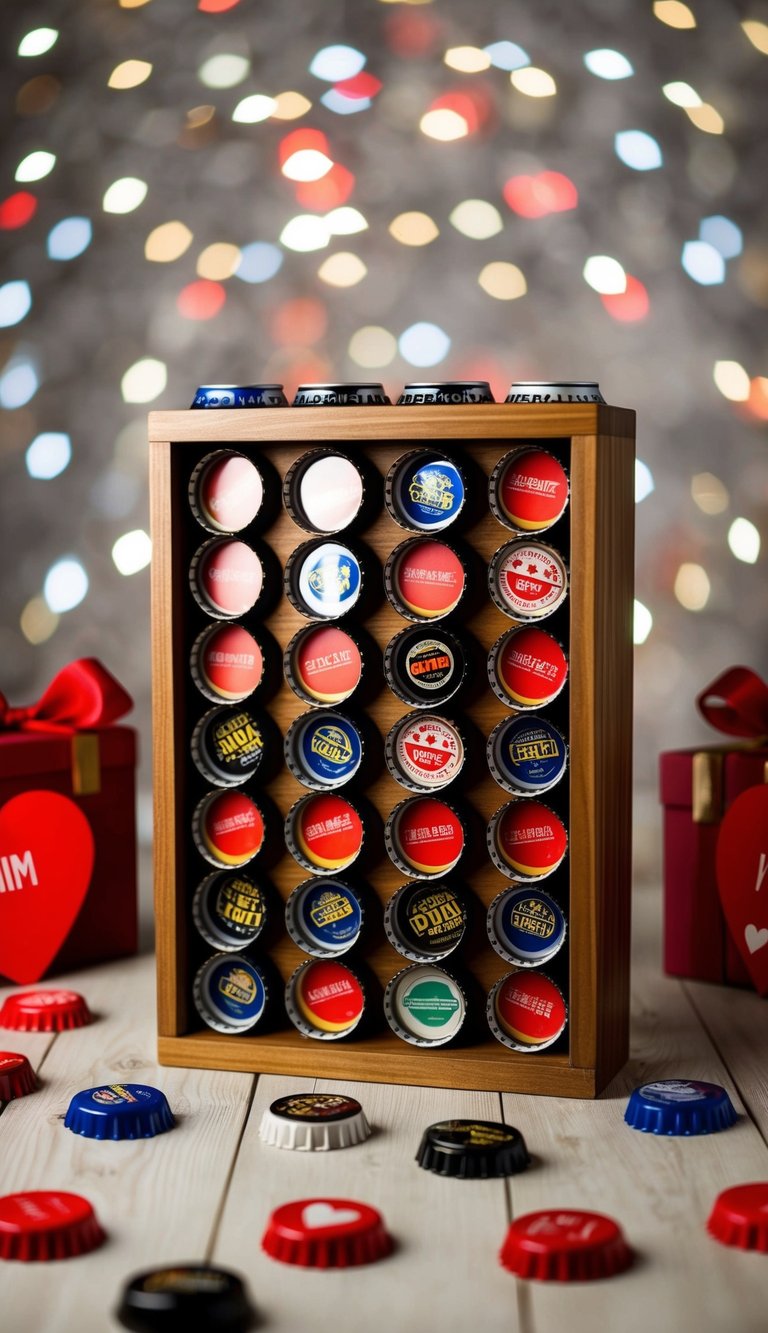 A wooden beer cap holder with 32 slots, surrounded by DIY Valentine's Day gifts for him