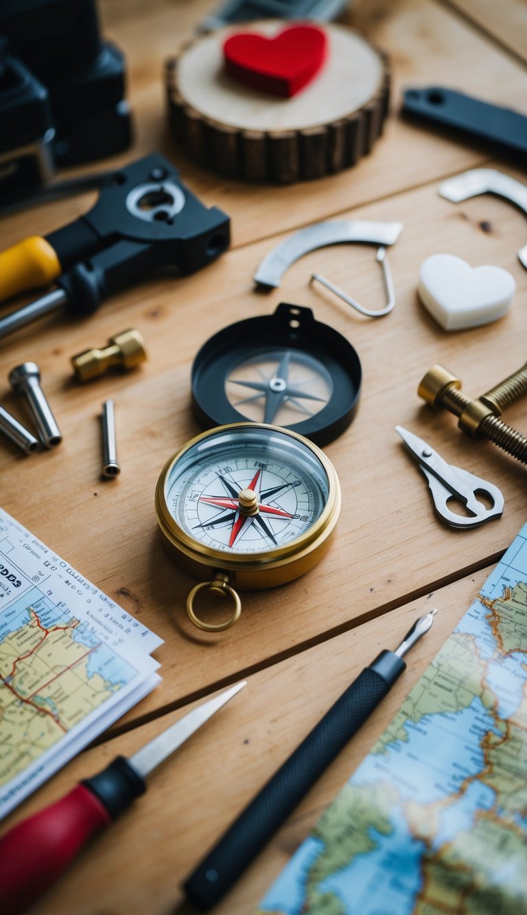 A handcrafted compass sits on a wooden table surrounded by tools, maps, and materials for DIY Valentine's Day gifts for him