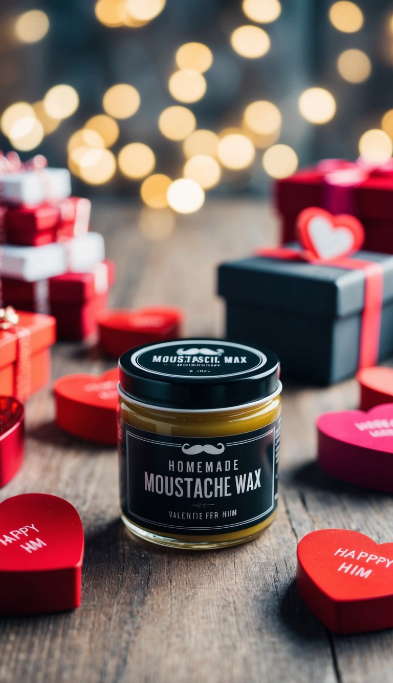 A small jar of homemade moustache wax surrounded by various DIY Valentine's Day gifts for him