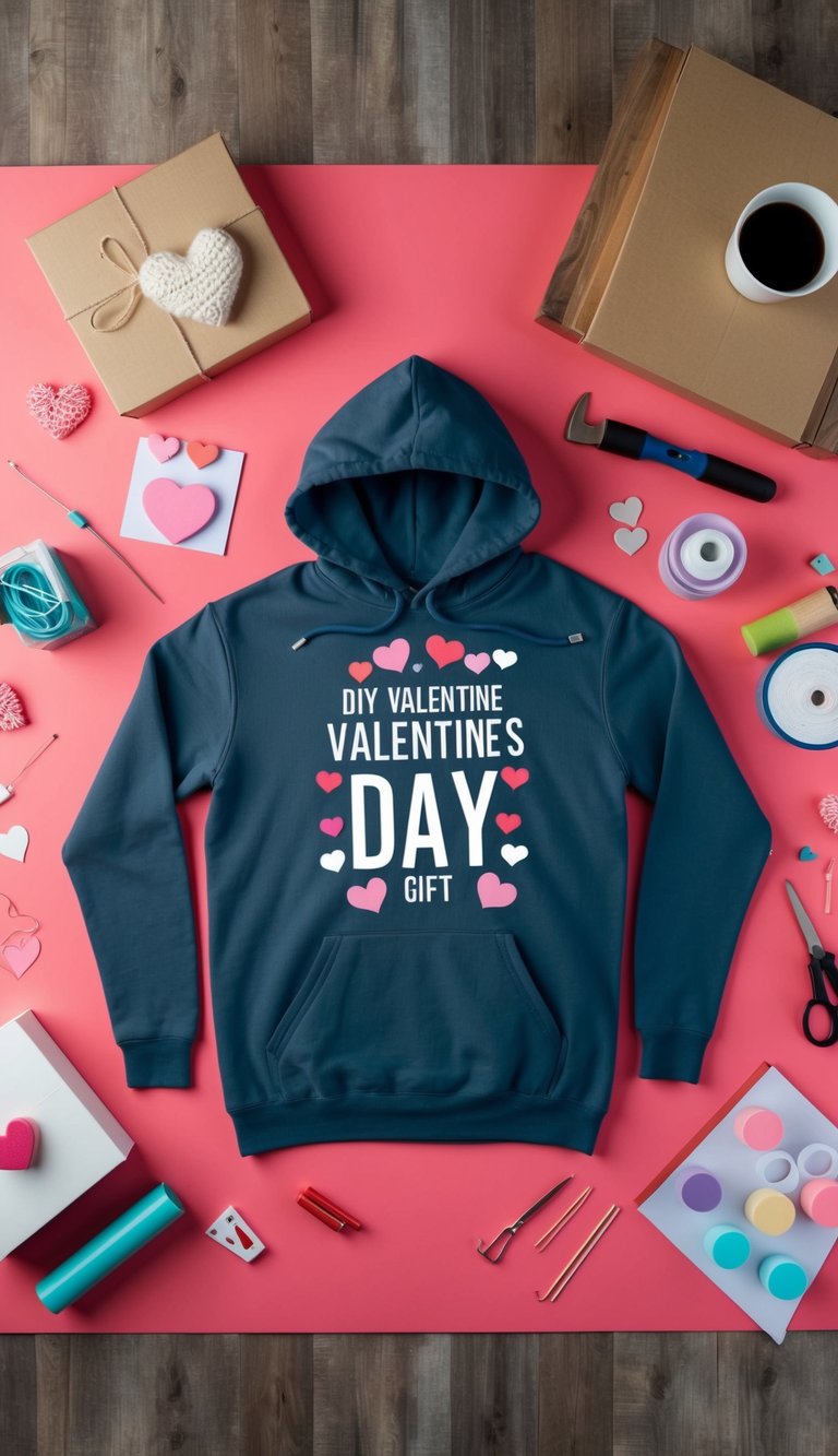 A cozy hoodie surrounded by crafting materials and tools for DIY Valentine's Day gift creation