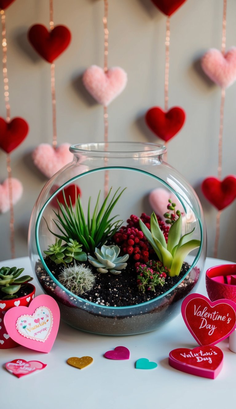 A terrarium kit with various plants, soil, and decorative elements arranged on a table, surrounded by Valentine's Day-themed items