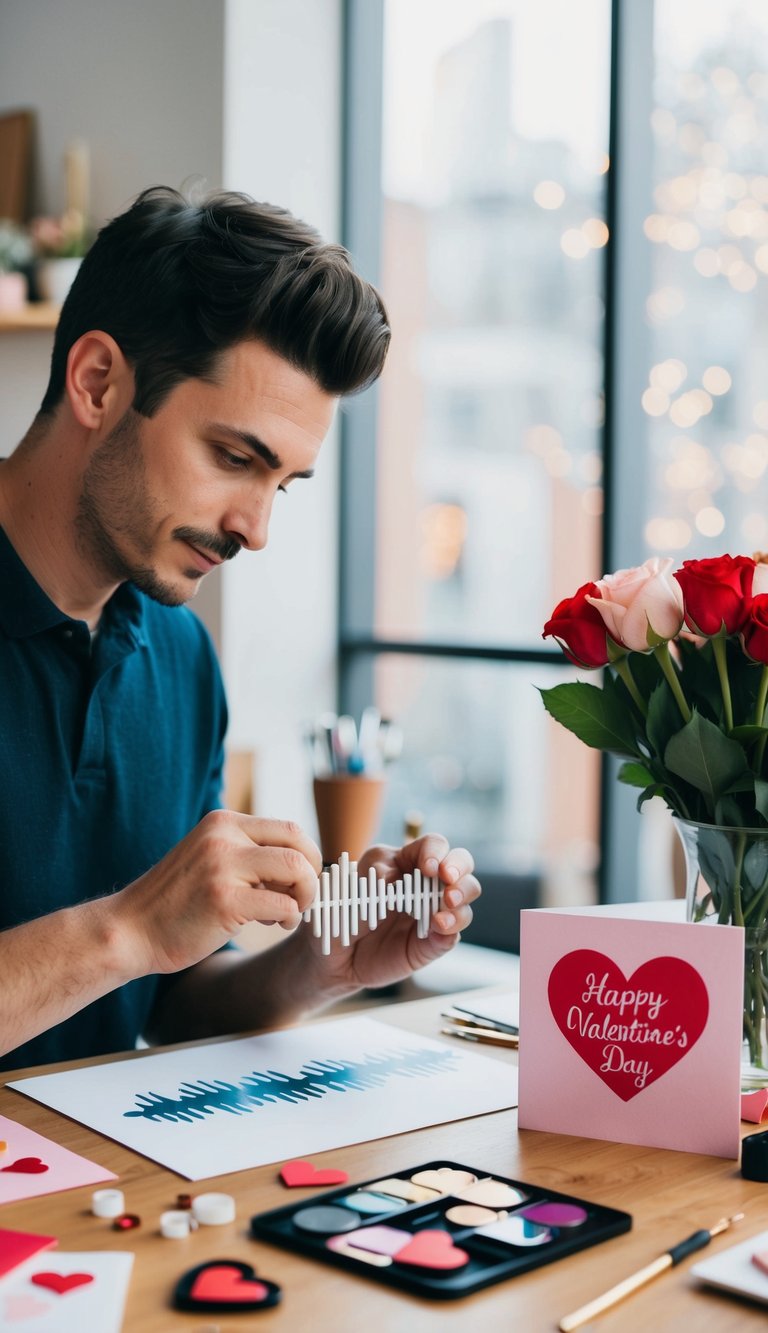 A man carefully crafting a custom soundwave art piece for his loved one, surrounded by art supplies and a heartfelt Valentine's Day card