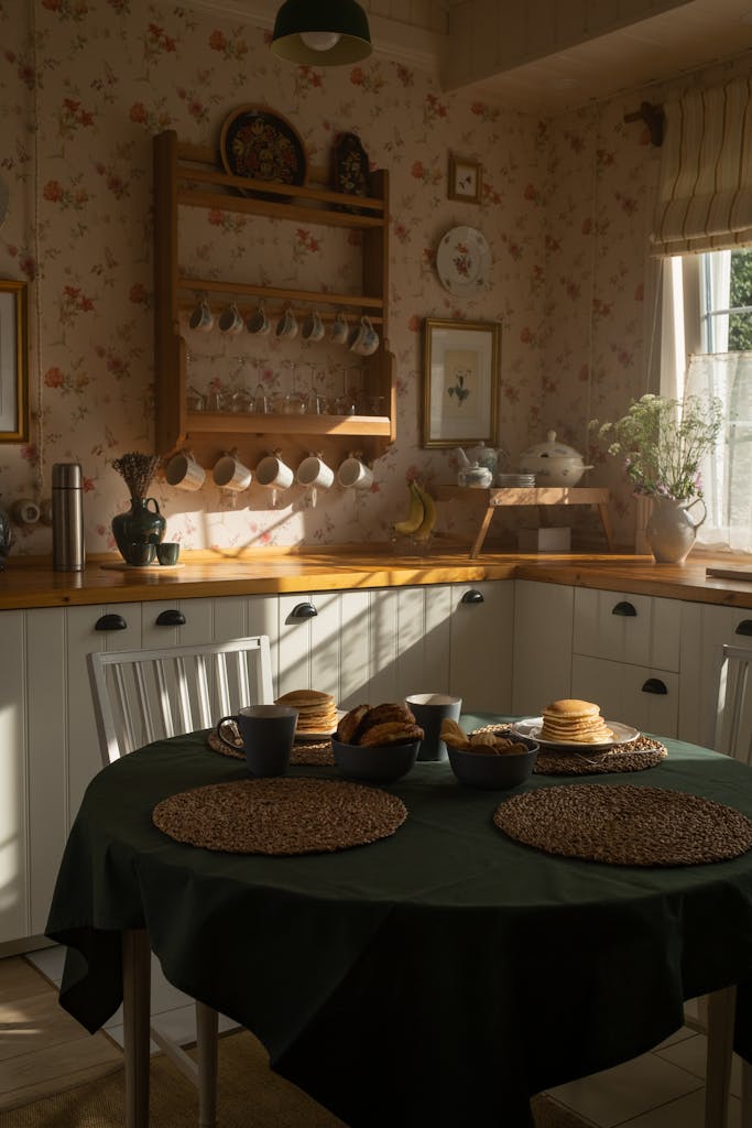 Warm, sunlit country kitchen scene with pancakes and tea set on a rustic table.