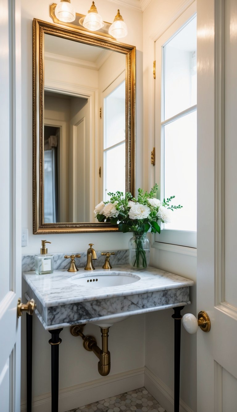 A marble vanity top with Parisian-style decor in a small apartment bathroom