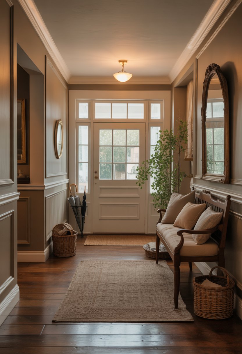 A spacious home entryway with a wooden front door, wooden bench with cushions, a large mirror, potted plant, and warm natural light.