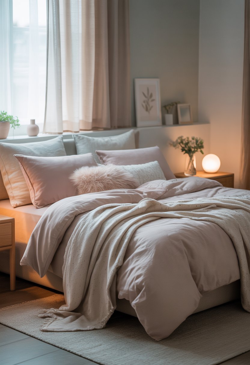 A cozy bedroom with a neatly made bed, soft pillows, a bedside table with a lamp and flowers, sheer curtains letting in natural light, and simple decor.