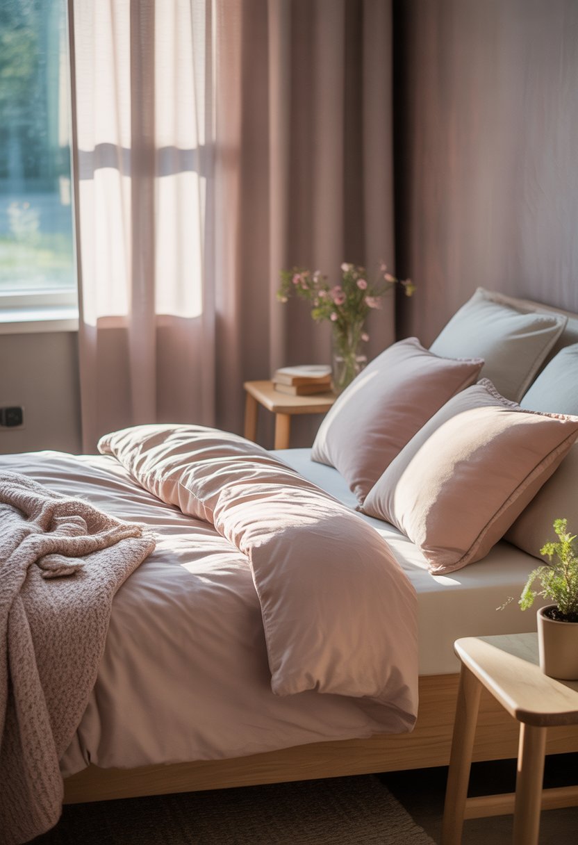 A neatly made bed in a softly lit bedroom with pastel bedding, sheer curtains, wooden furniture, and decorative plants.