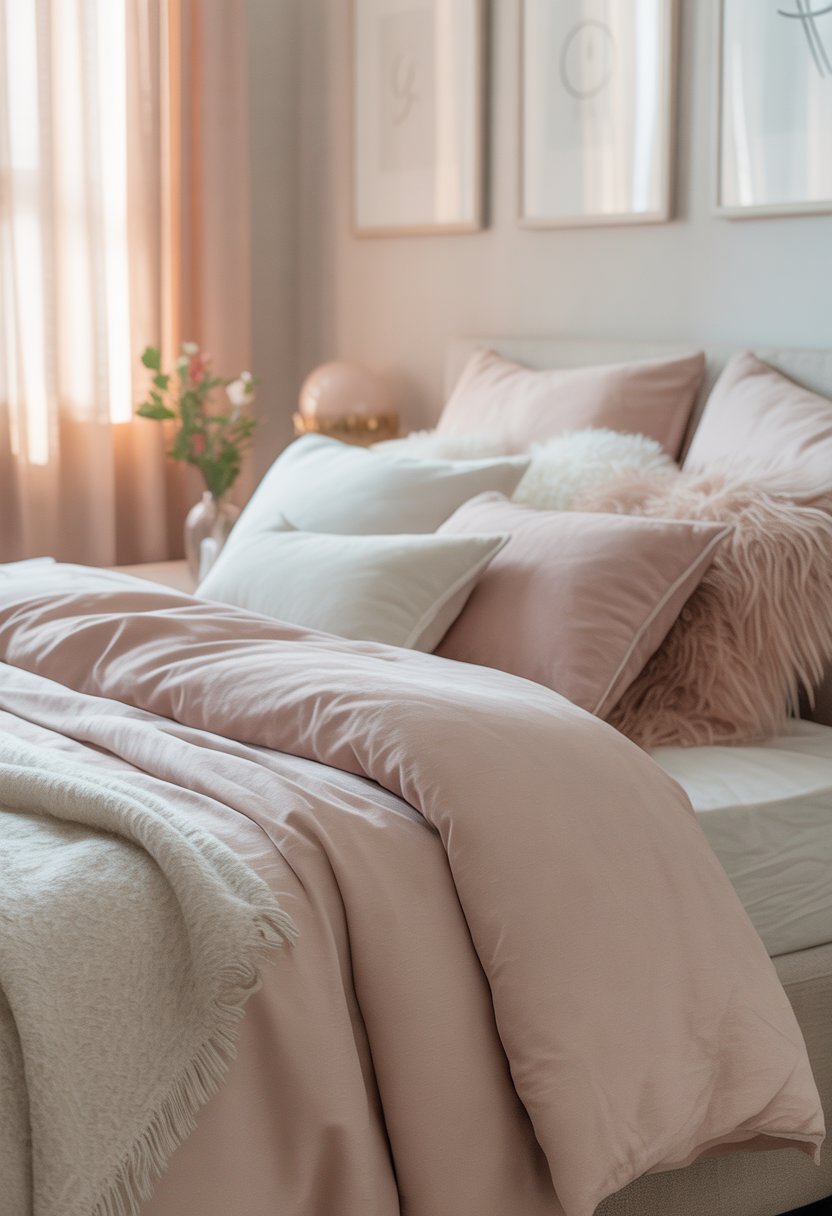 A cozy bedroom with a neatly made bed, soft pillows, natural light coming through sheer curtains, and decorative elements like flowers and artwork.