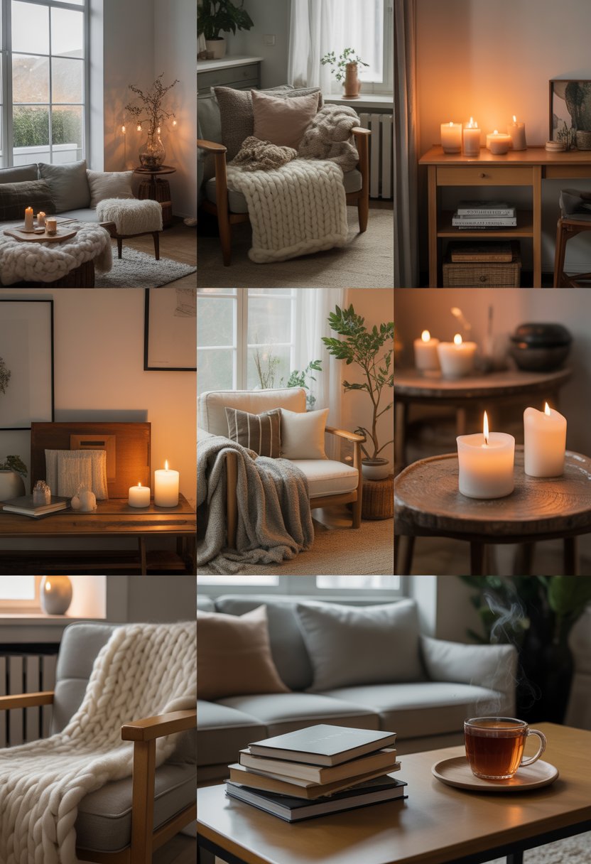 A cozy living room with soft blankets, cushions, candles, wooden furniture, plants, books, and a cup of tea creating a warm and relaxing atmosphere.