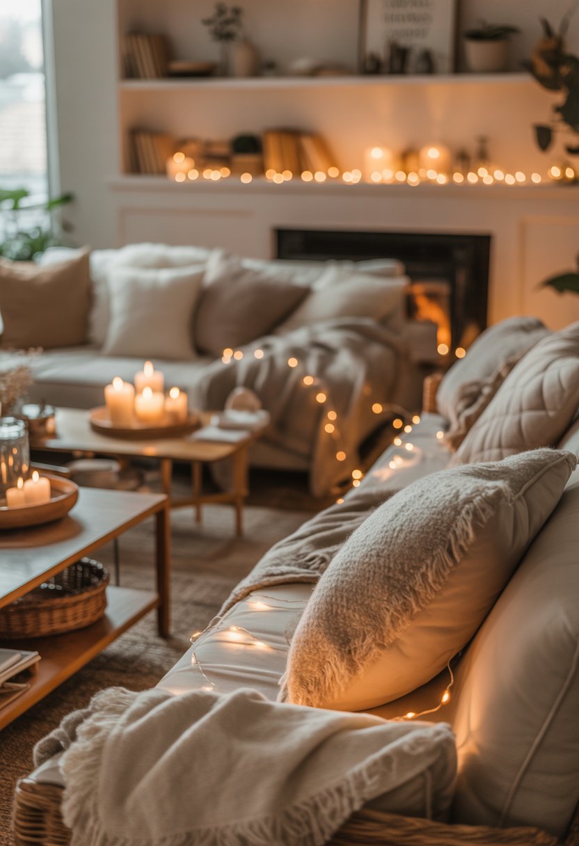 A cozy living room illuminated by candles and string lights, featuring comfortable seating, warm blankets, and natural wood furniture.