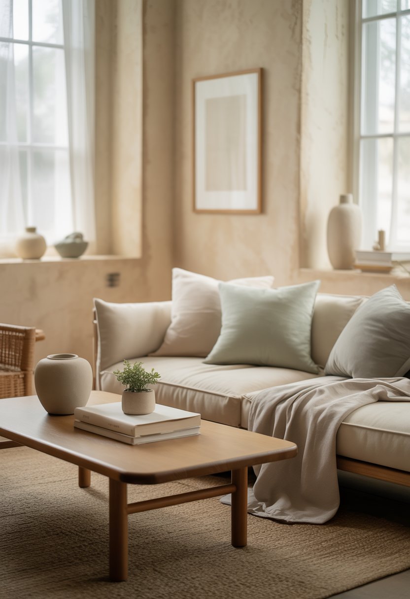 A cozy living room with a sofa, coffee table, potted plant, and soft natural lighting.
