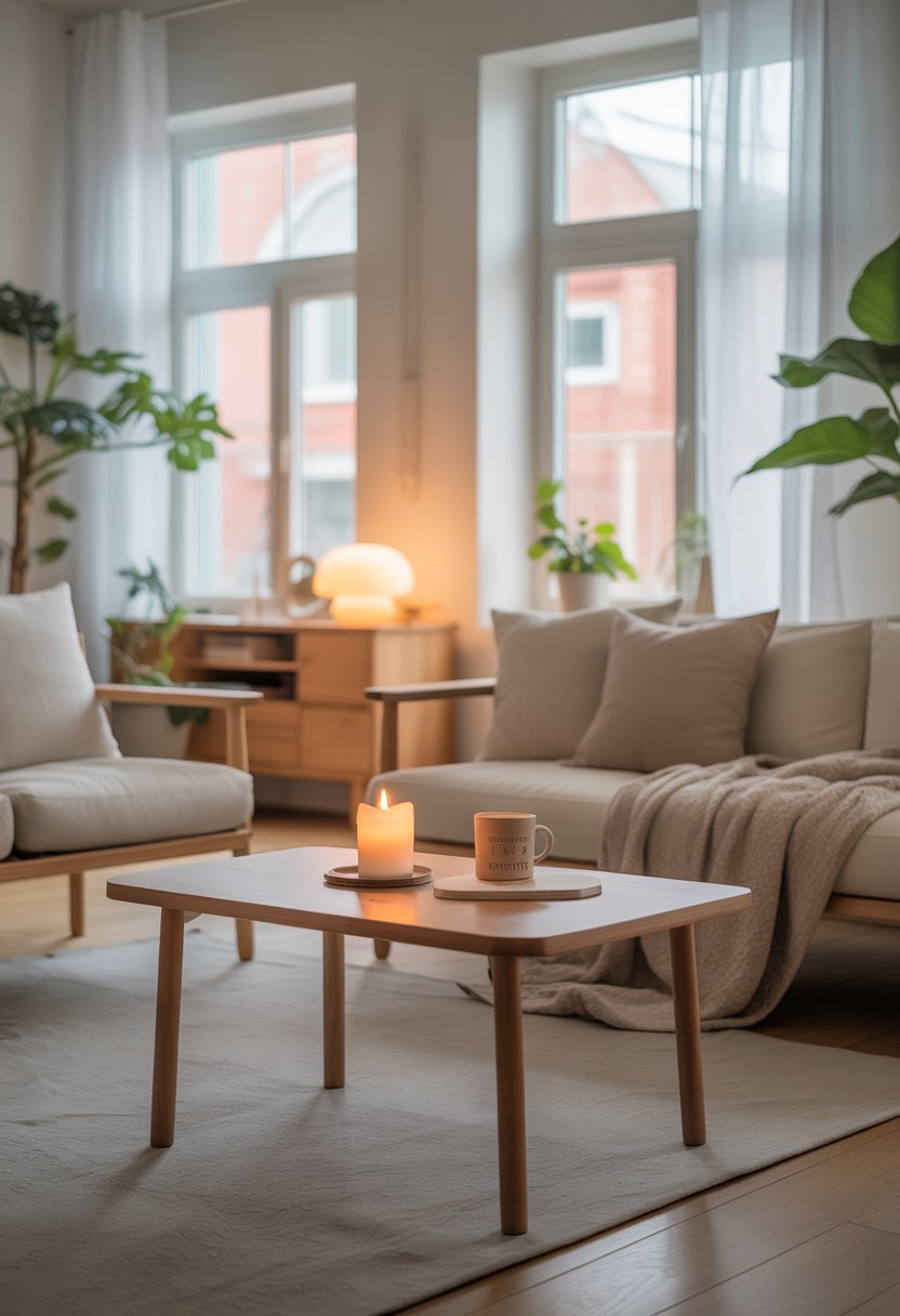 A cozy living room with a sofa, coffee table, indoor plants, and soft natural light.