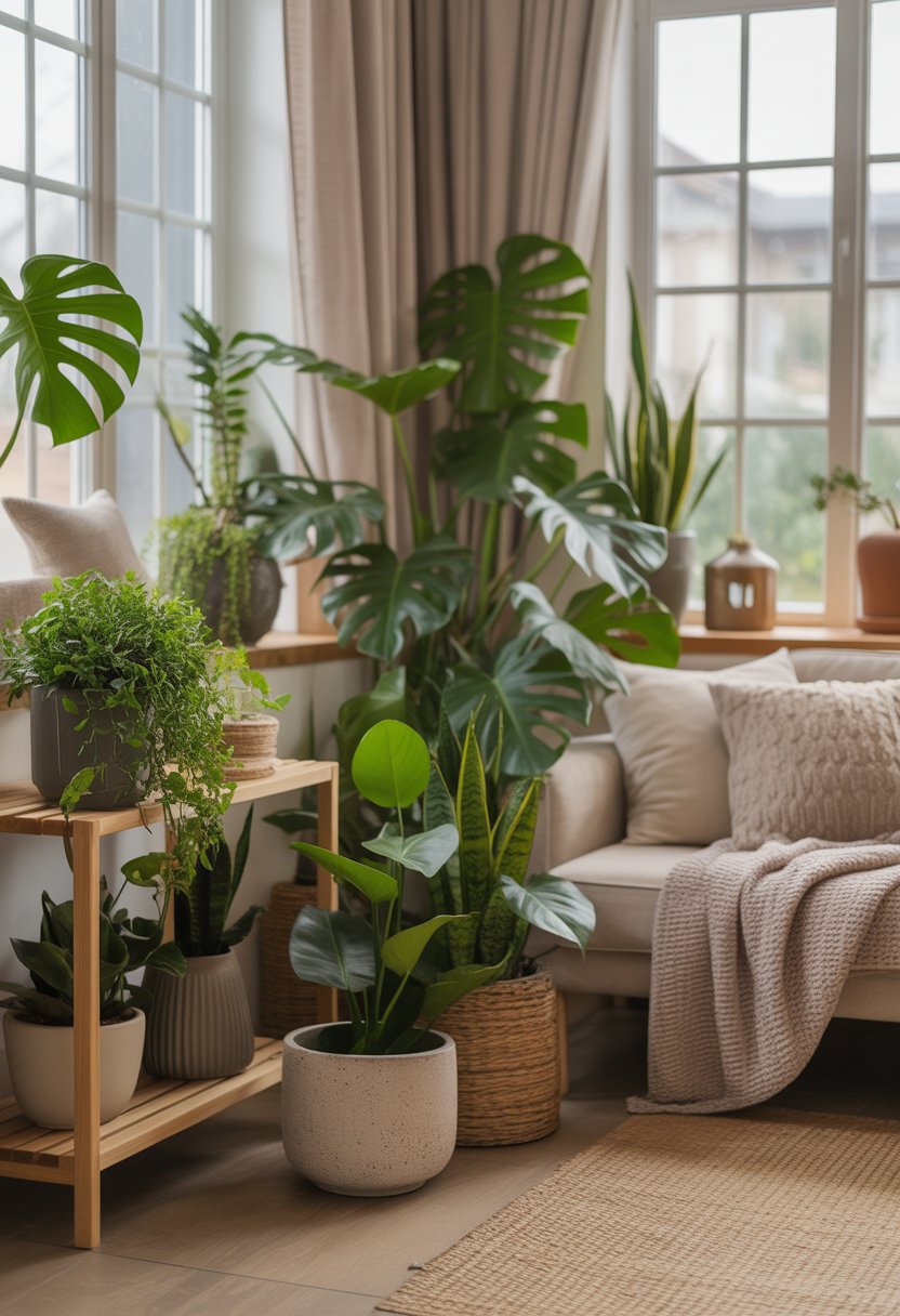 A cozy indoor room filled with various green plants placed on shelves and near windows, with soft natural light and comfortable furniture.