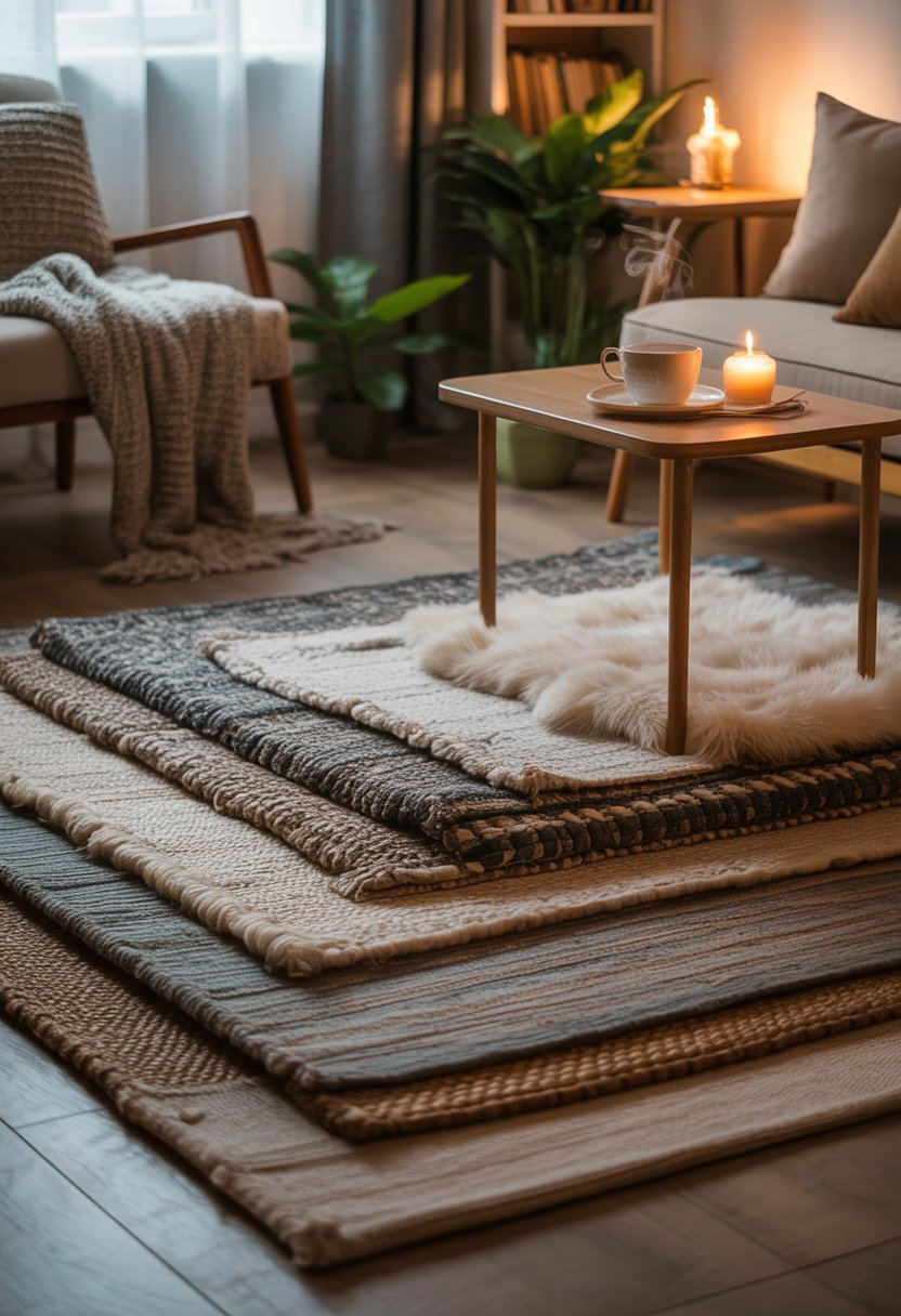 A living room corner with layered rugs on a wooden floor, an armchair with a blanket, a side table with a cup and candle, and potted plants by a window.