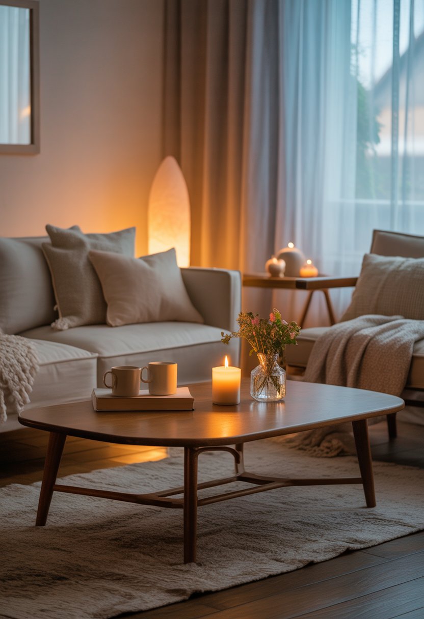 A cozy living room with a sofa, wooden coffee table, lit candle, flowers, and soft natural light.