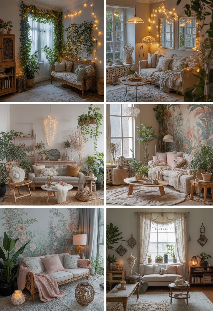 Seven different living rooms each decorated with plants, wooden furniture, soft cushions, and warm lighting creating cozy and inviting spaces.