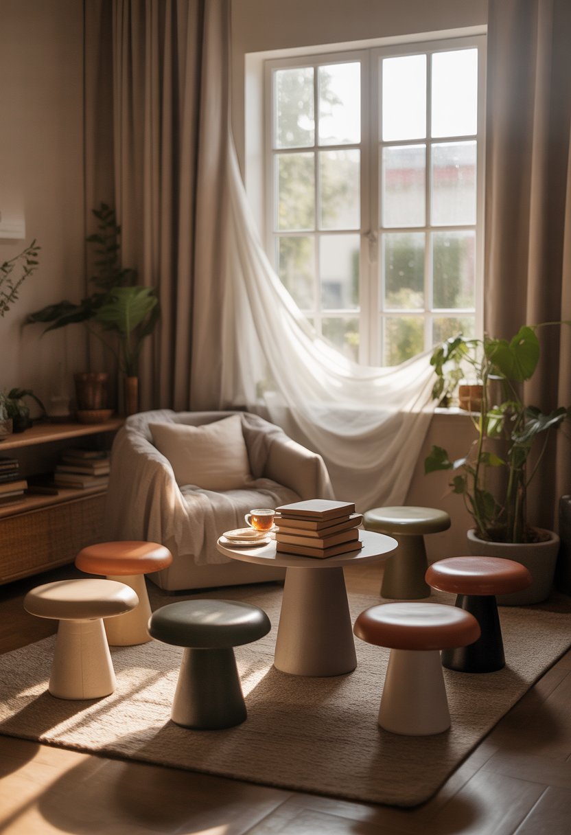 A cozy reading nook with sheer curtains, a comfortable armchair, and seven mushroom-shaped stools arranged in a living room.