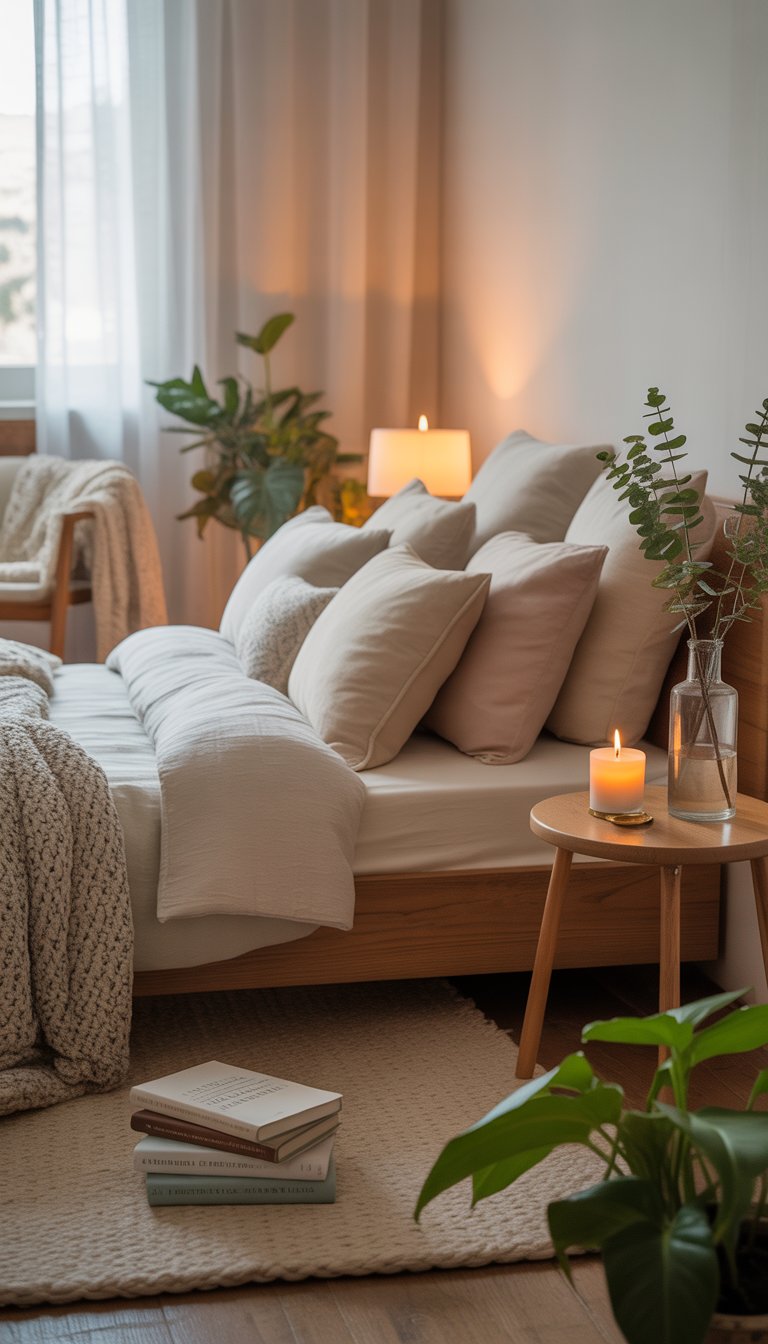 A peaceful bedroom corner with a made bed, soft pillows, warm natural light, plants, a candle, and calming decor.