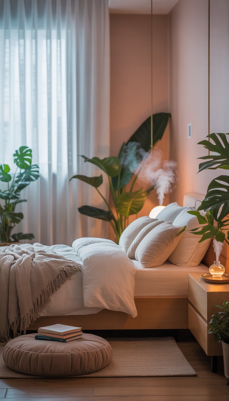 A peaceful bedroom with a neatly made bed, soft natural light, indoor plants, and a cozy meditation corner.