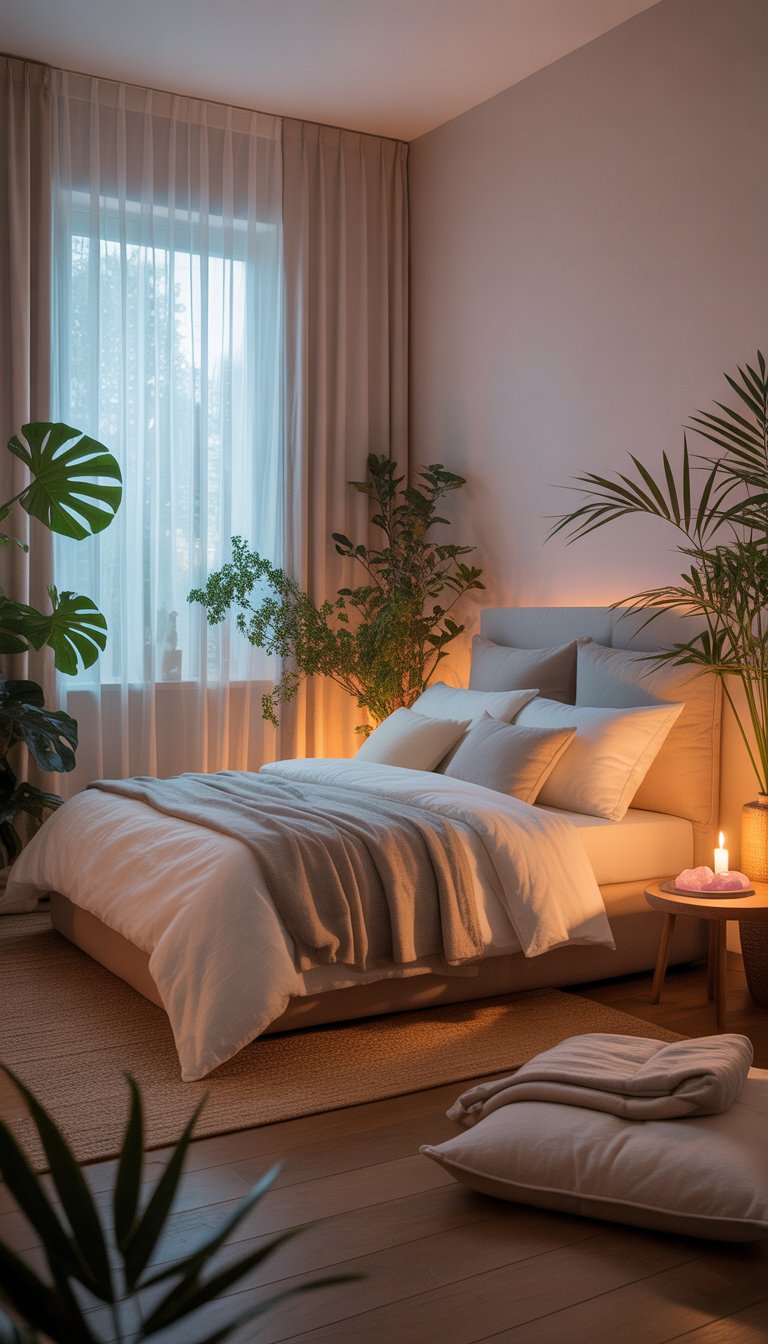 A peaceful bedroom with soft natural light, a neatly made bed, green plants, a lit candle, healing crystals, and a meditation corner with a floor cushion.
