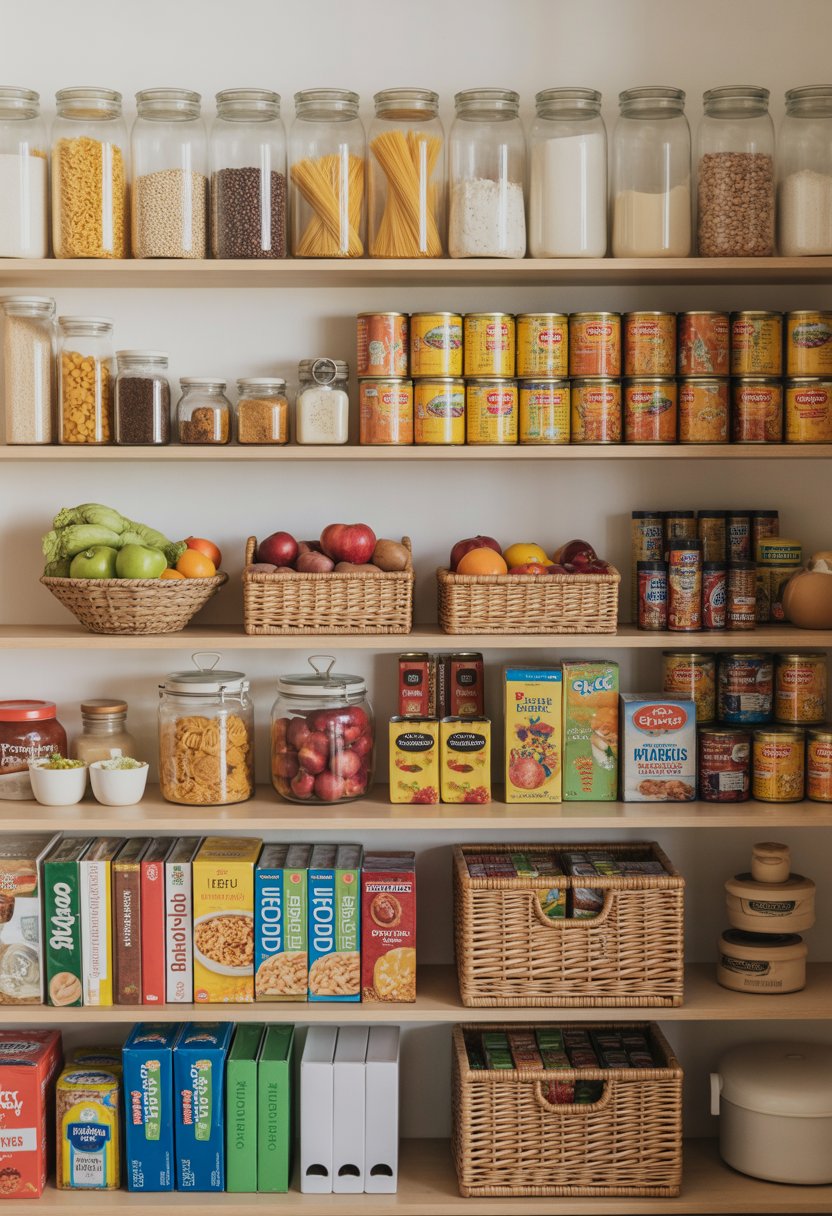 A neatly organized pantry with shelves holding jars, canned goods, fresh produce in baskets, and boxes of food arranged in an orderly manner.