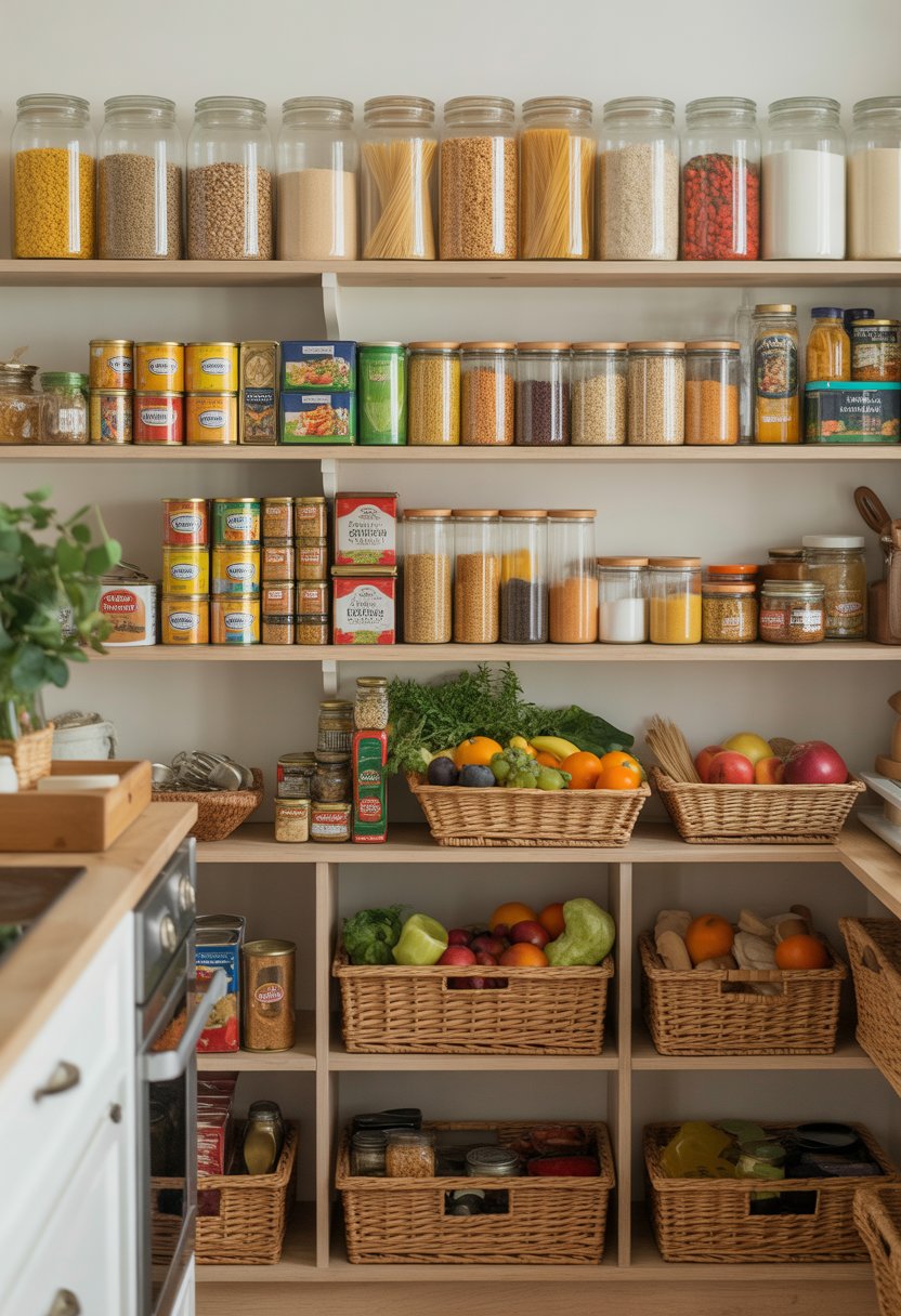 A tidy kitchen pantry with neatly arranged food items on wooden shelves, including jars, cans, boxes, and baskets of fresh produce.