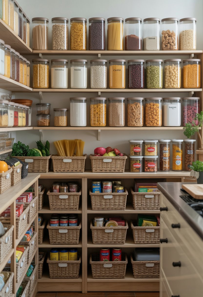 A well-organized pantry with shelves holding clear jars, baskets, and containers filled with various food items.