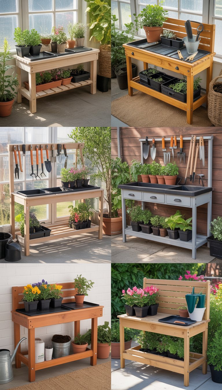 Seven different potting benches arranged in a bright greenhouse, each with gardening tools, pots, and plants.