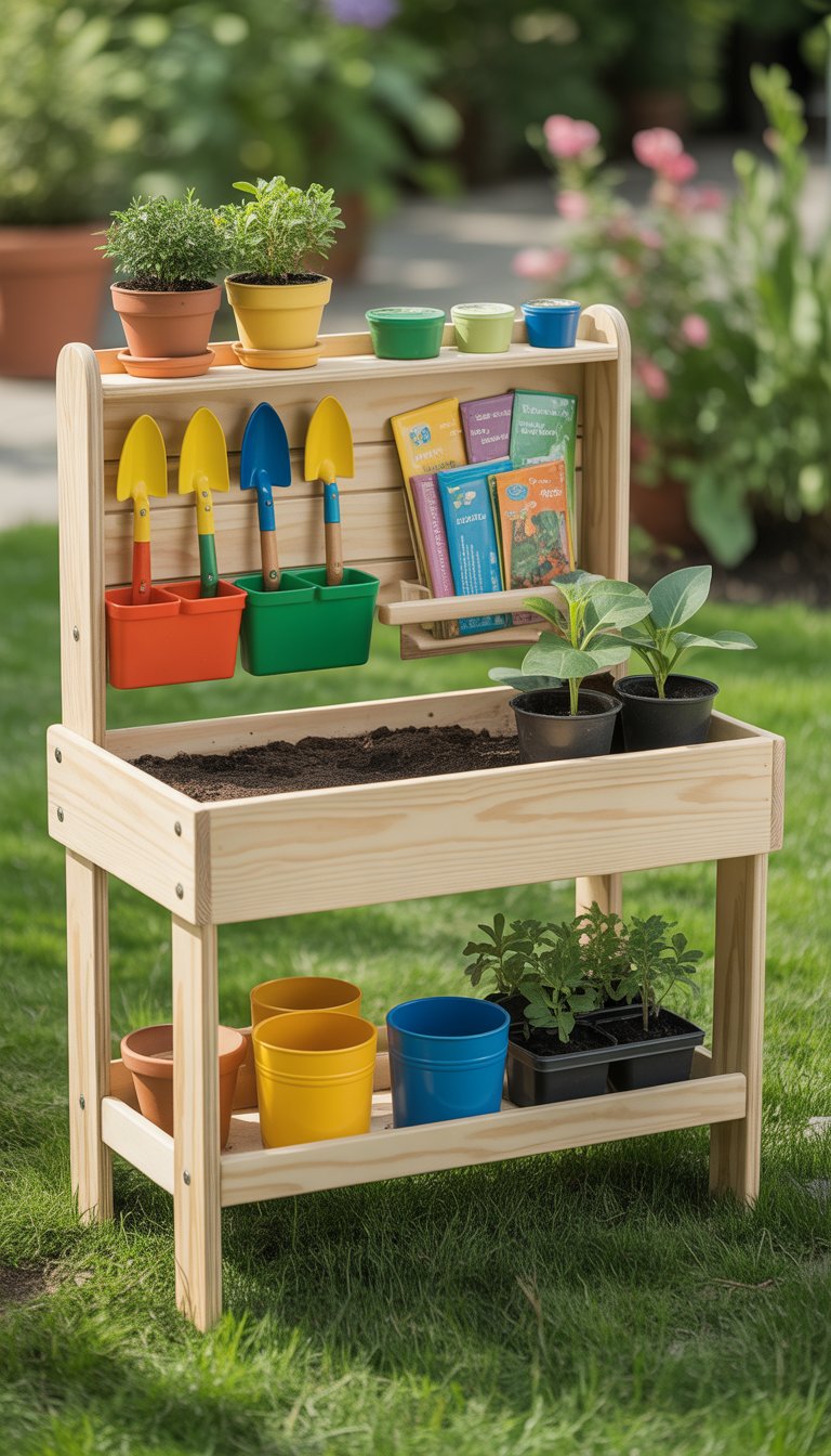 A compact wooden potting table for children outdoors with gardening tools and small plants.