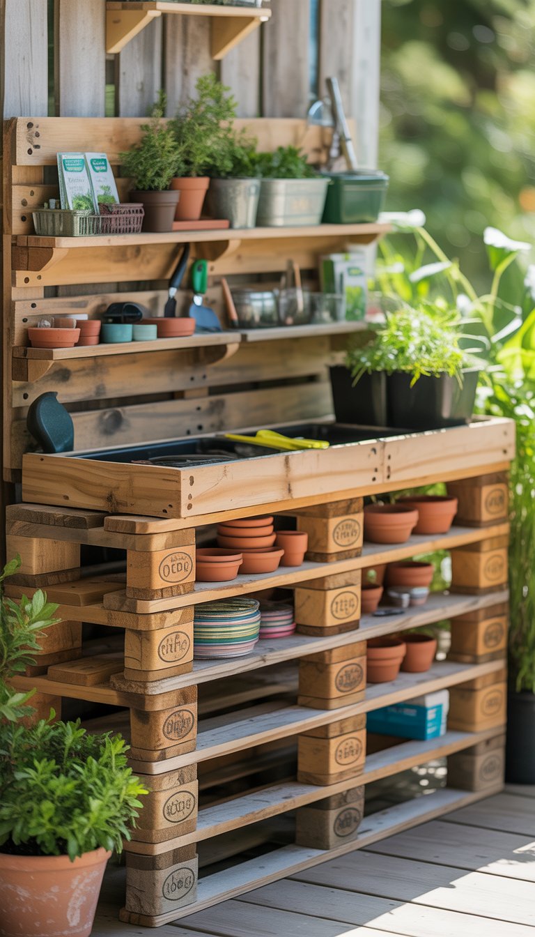An upcycled wooden pallet potting bench with shelves holding gardening tools, pots, and plants in a bright garden workspace.