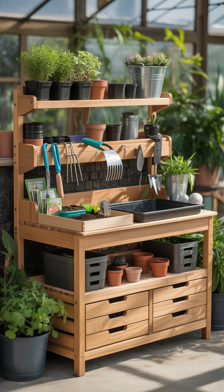 A multi-tier potting bench with wooden shelves and storage drawers filled with gardening tools, pots, and plants in a garden setting.